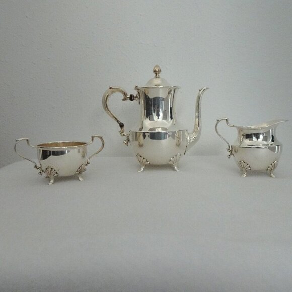 Vintage Silver Plated Coffee Tea Set Poole 2500 Footed Pot Sugar Creamer - Picture 1 of 16